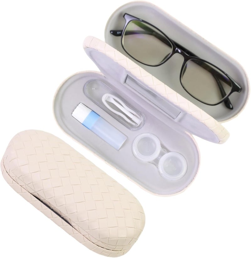 FlyingMage Store 2 in 1 Contact Lens Case and Eyeglasses Case for Women Men Kids, Double Sided Hard Shell Portable Glasses Travel Holder with Built-in Mirror, Contact Lens Box Storage Kit, White - Image 1